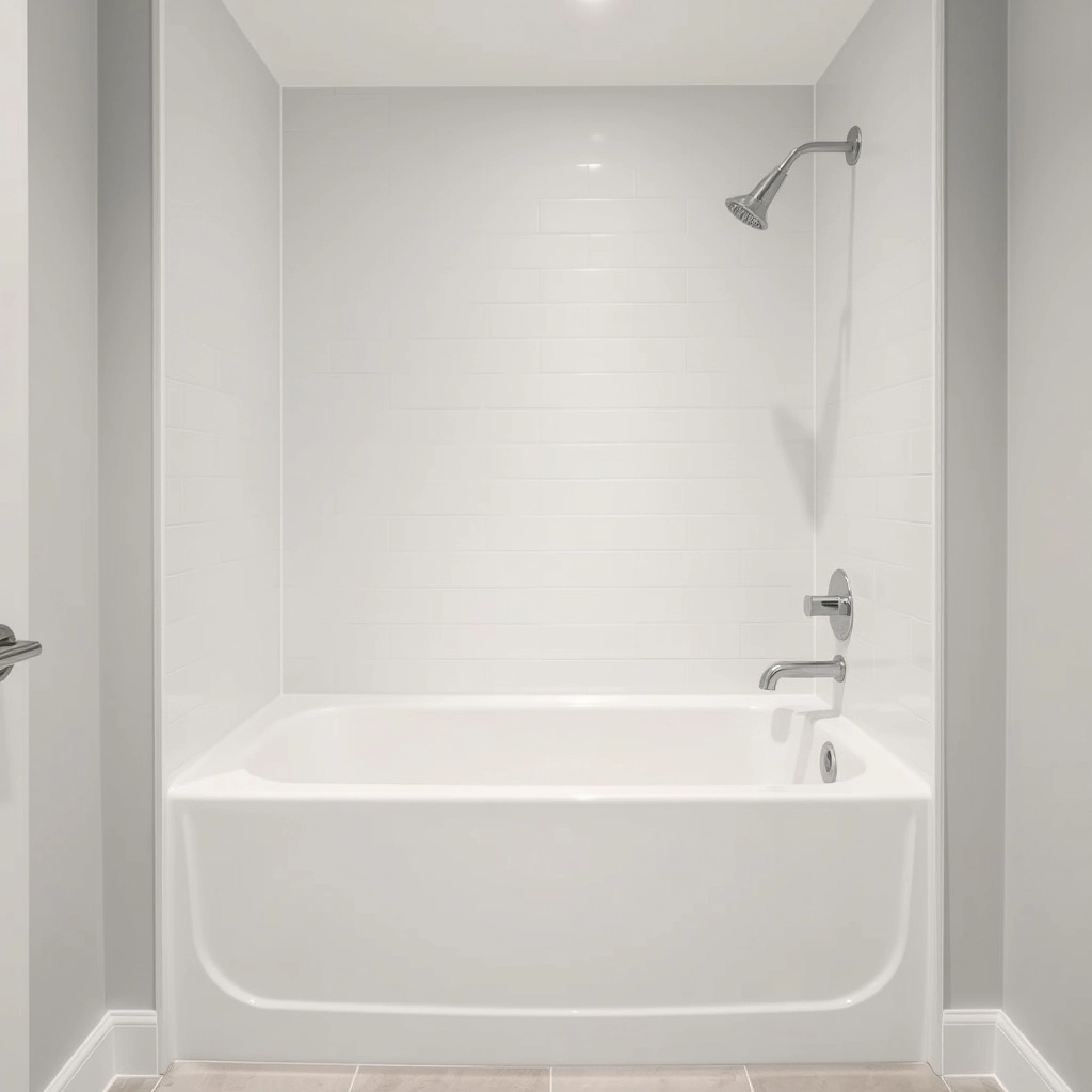 A standard 60-inch by 30-inch white alcove bathtub installed in a simple bathroom setting.