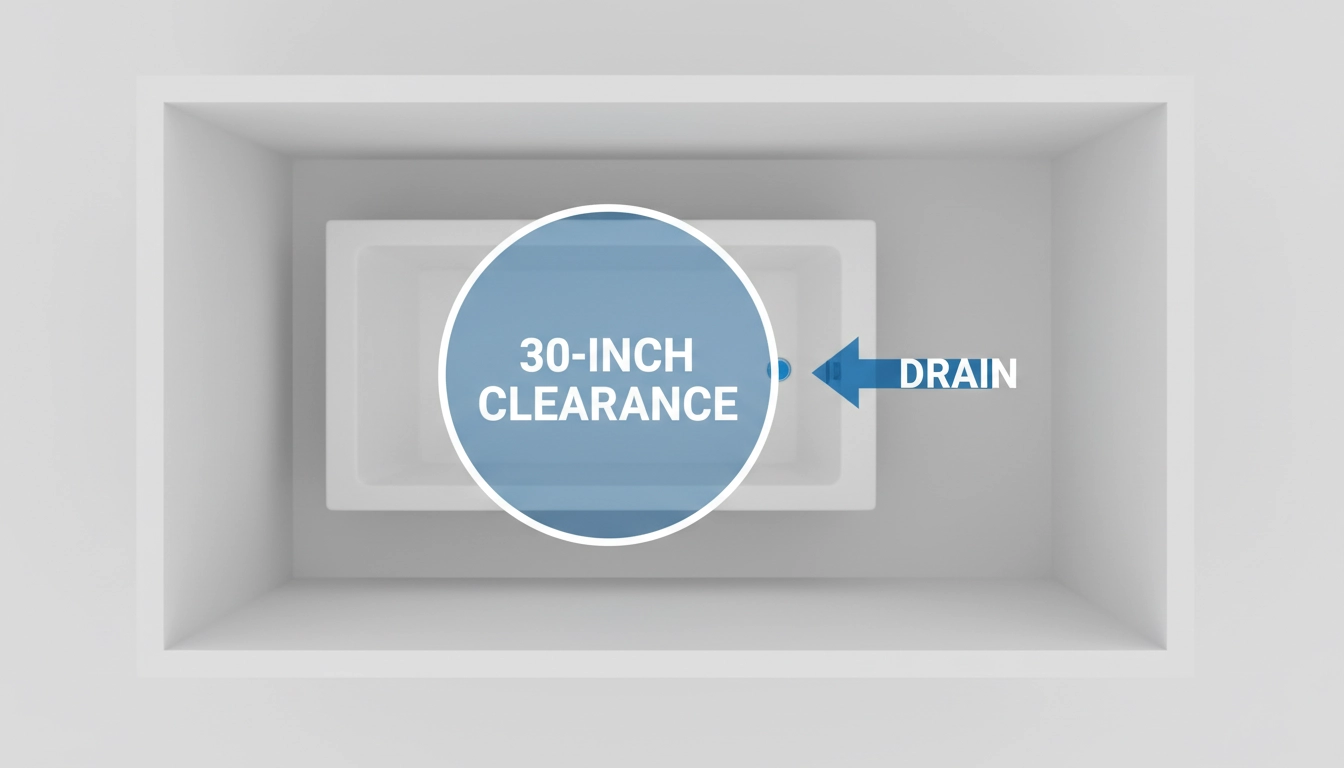 A top-down view of a bathtub showing the 30-inch clear floor space and a right-hand drain location.