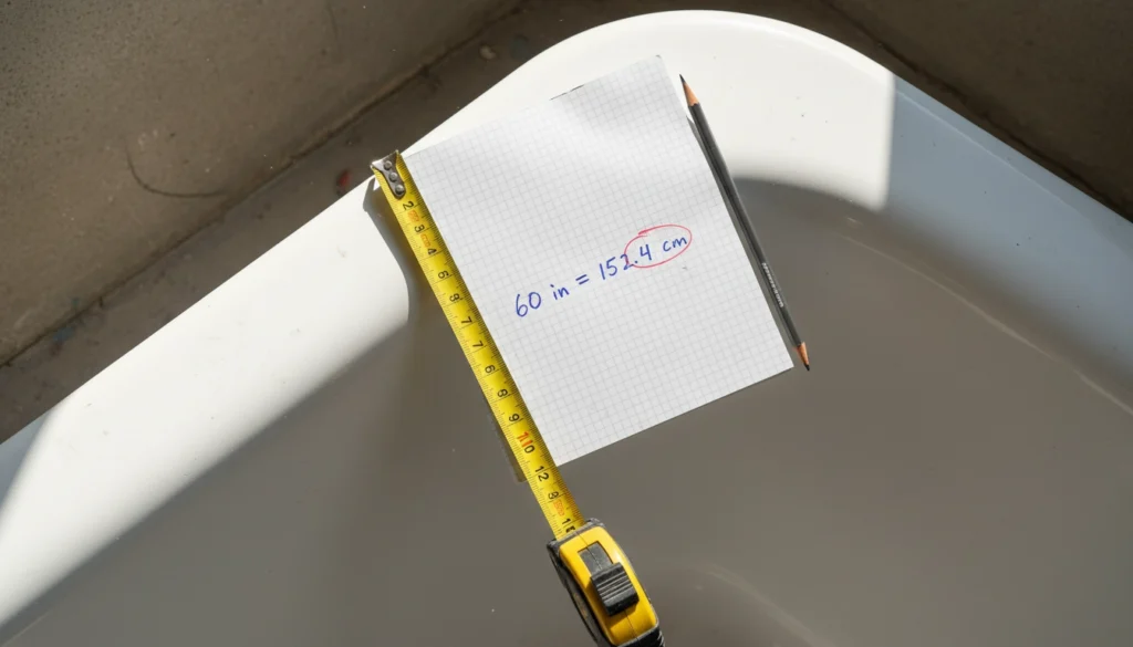 A close-up of a tape measure showing both inches and centimeters to determine the Standard Bathtub Size.