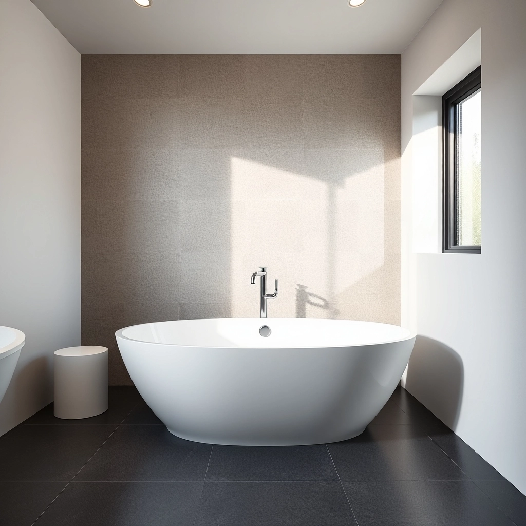 A luxury freestanding bathtub placed with several inches of clearance from the bathroom wall.
