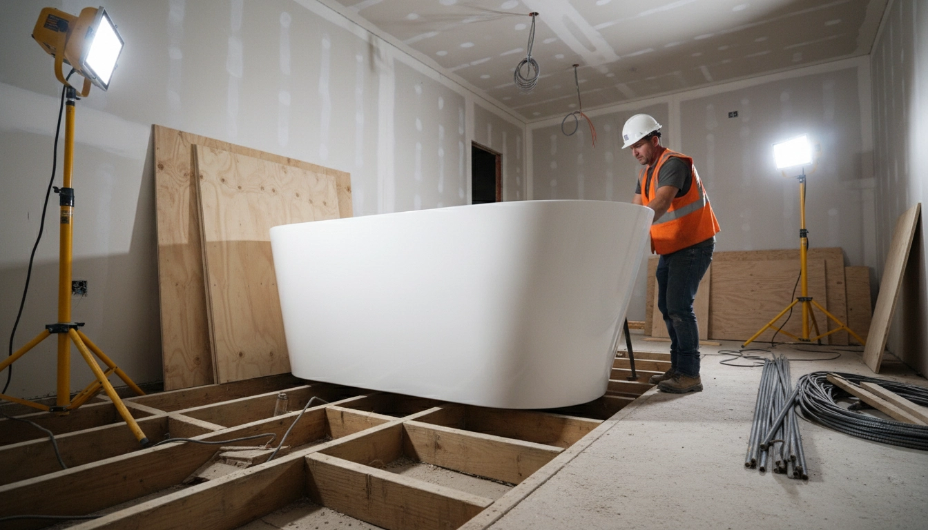 A large 72-inch soaking tub being installed, emphasizing its massive size compared to a Standard Bathtub Size.