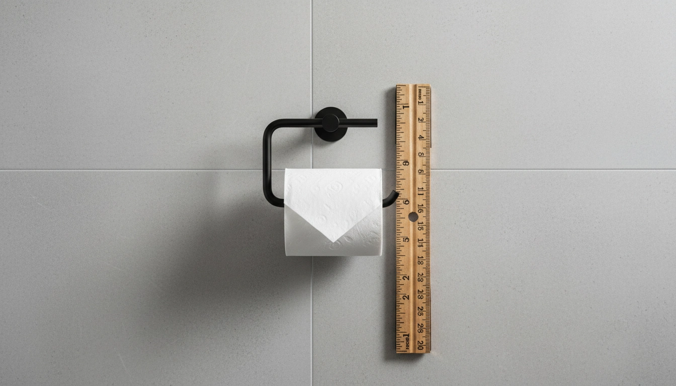 A wall-mounted toilet roll holder positioned at the recommended ergonomic height for easy reach.