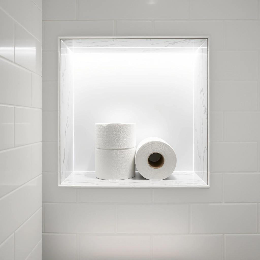 A sleek recessed wall niche lined with marble, providing clever toilet roll storage ideas for small bathrooms.