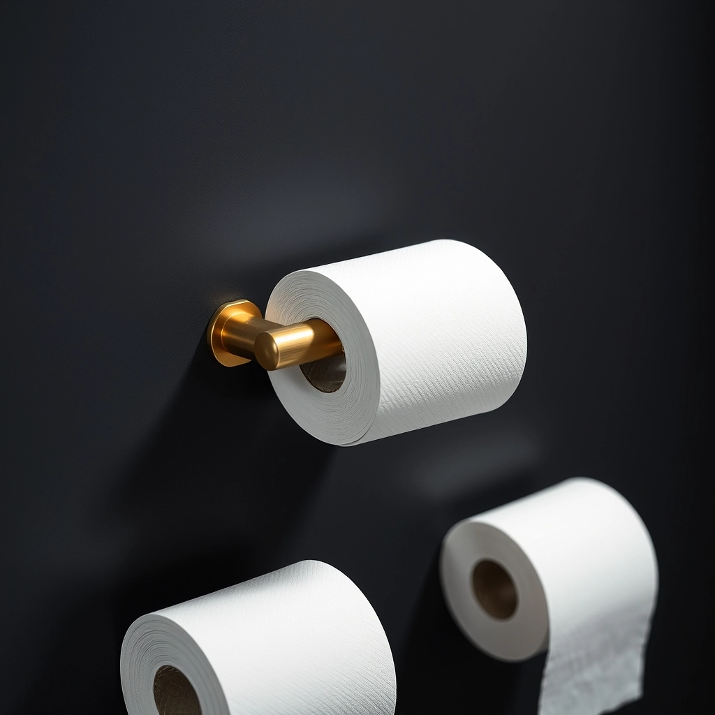 A sophisticated vertical wall-mounted brass holder acting as functional art for toilet roll storage.
