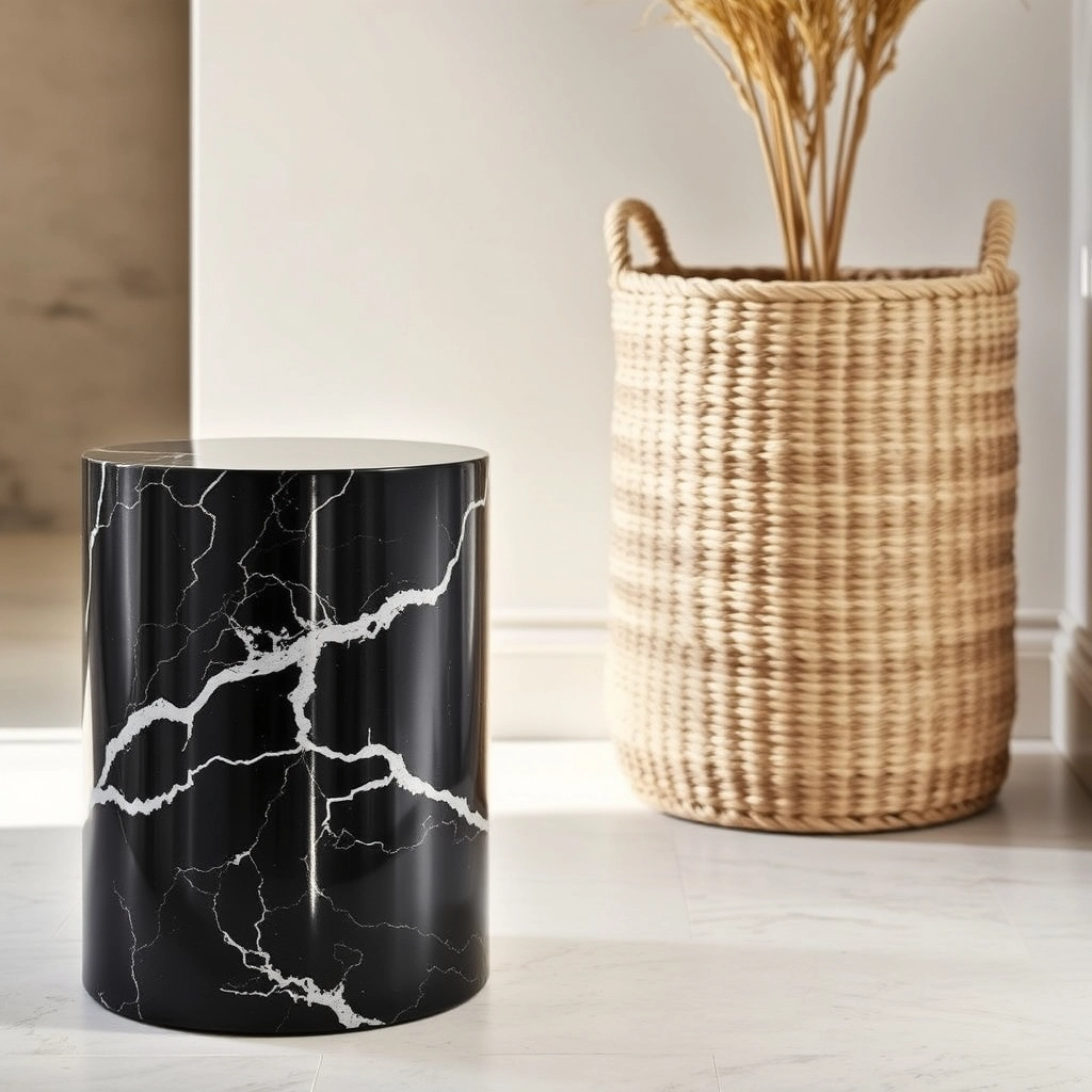 A heavy Nero Marquina marble freestanding holder paired with a seagrass basket for toilet roll storage.