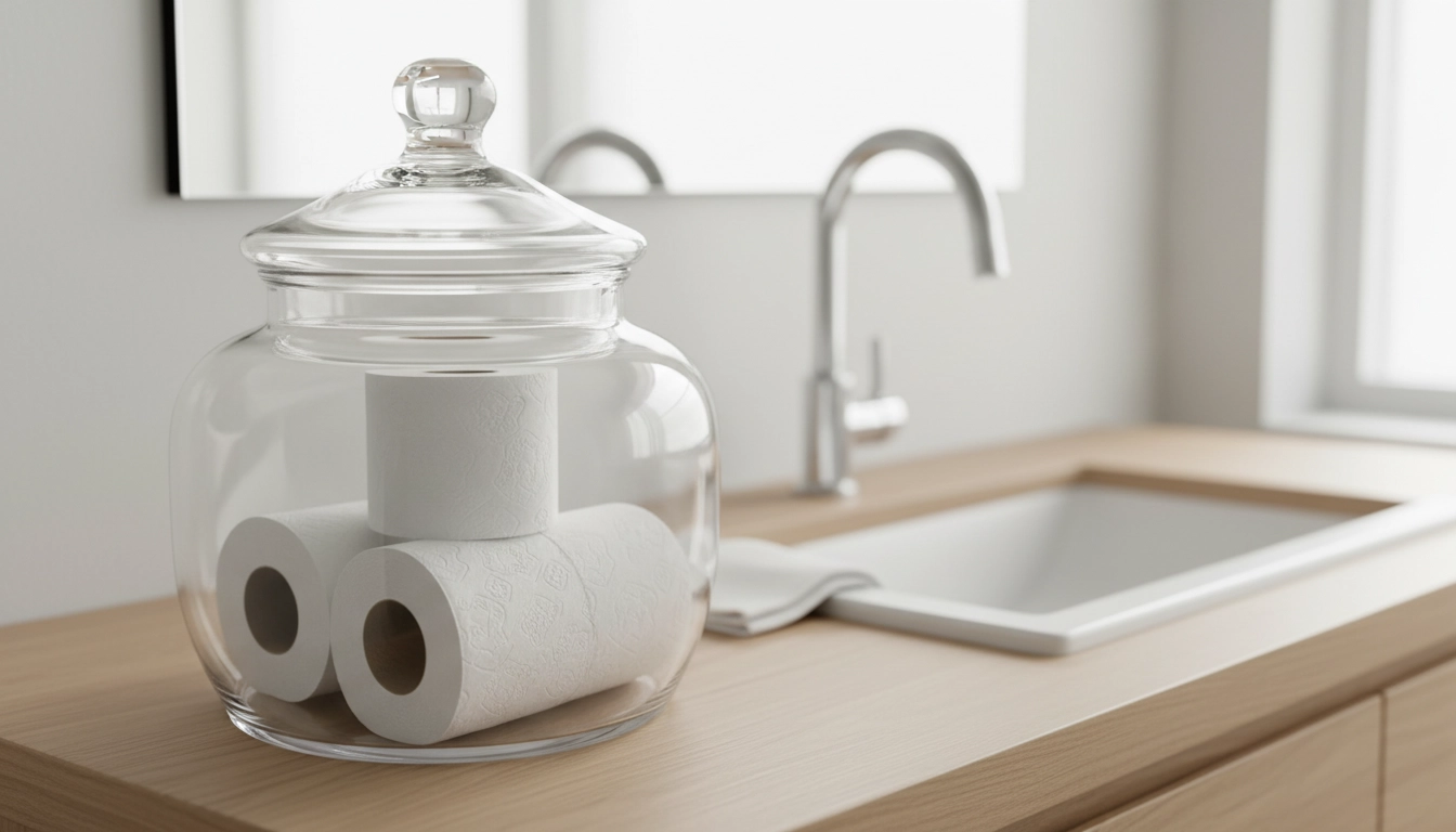 Large glass apothecary jars used as decorative toilet roll storage ideas on a bathroom shelf.