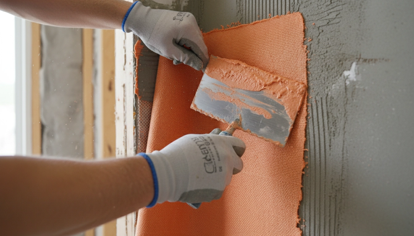 A contractor applying bright orange waterproofing membrane to a shower stall, a key factor in the typical bathroom remodel cost.