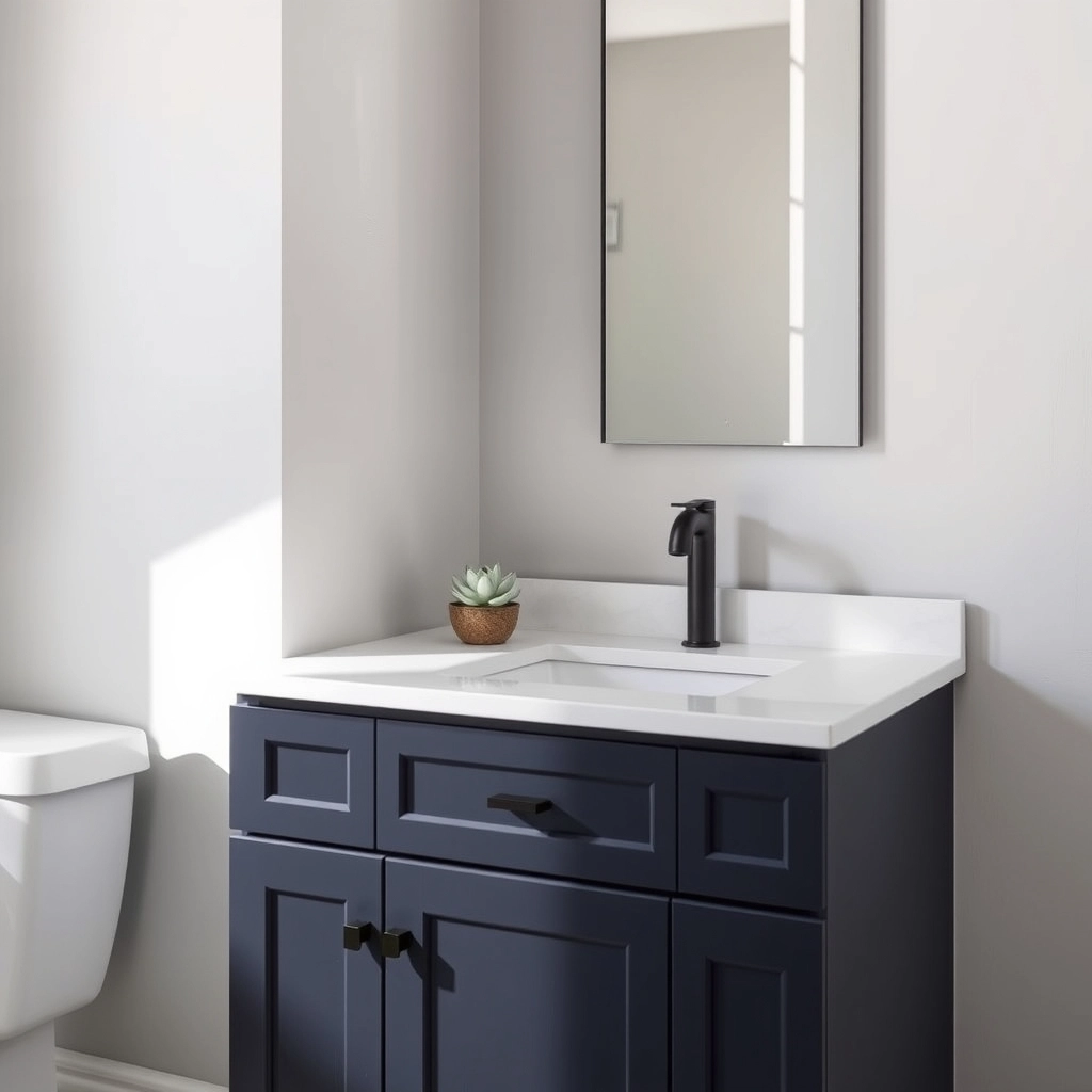 A mid-range bathroom vanity with a quartz countertop and black fixtures, representing a typical bathroom remodel cost in 2026.