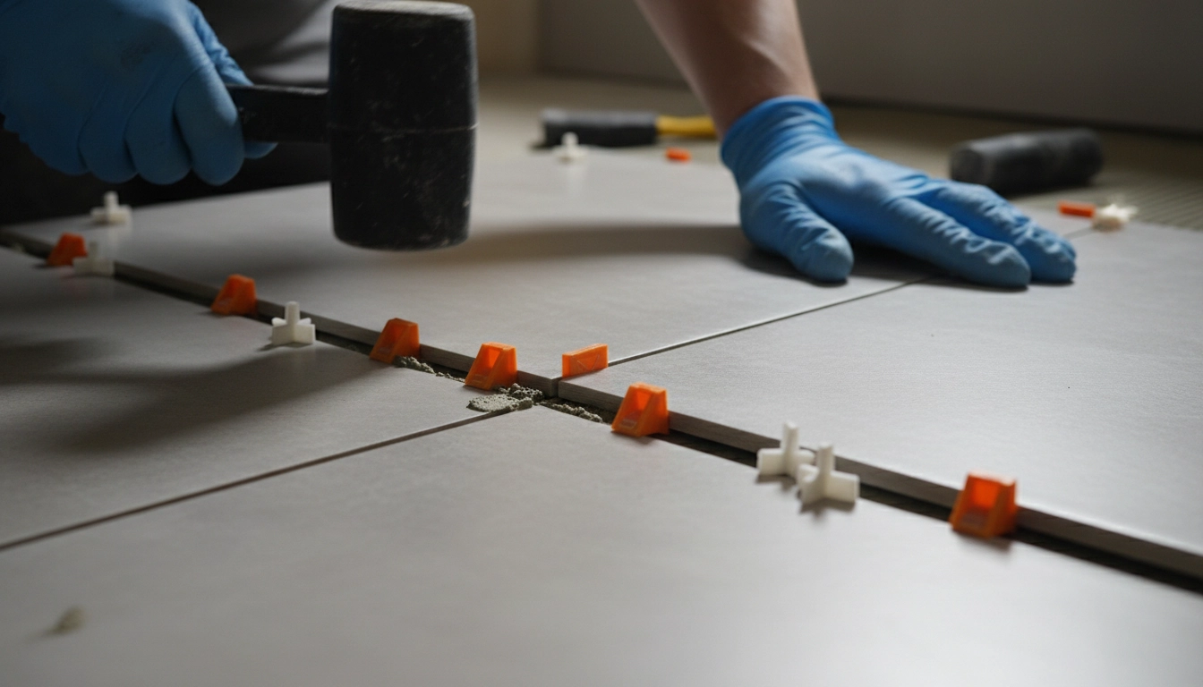 A close-up of a tiler using spacers to align large-format porcelain tiles on a bathroom floor, influencing the typical bathroom remodel cost per square foot.