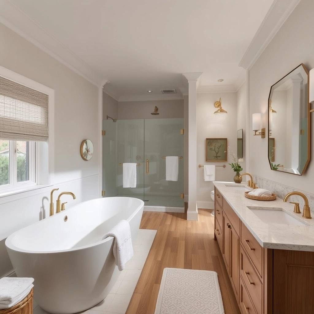 A spacious primary bathroom featuring a freestanding soaking tub and a double vanity, a major factor in a high-end typical bathroom remodel cost.