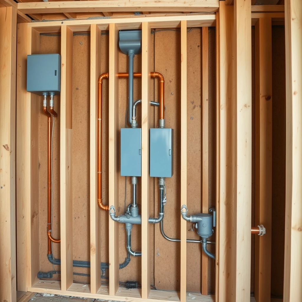 Exposed copper pipes and blue electrical boxes in a bathroom wall, representing the labor portion of a typical bathroom remodel cost.