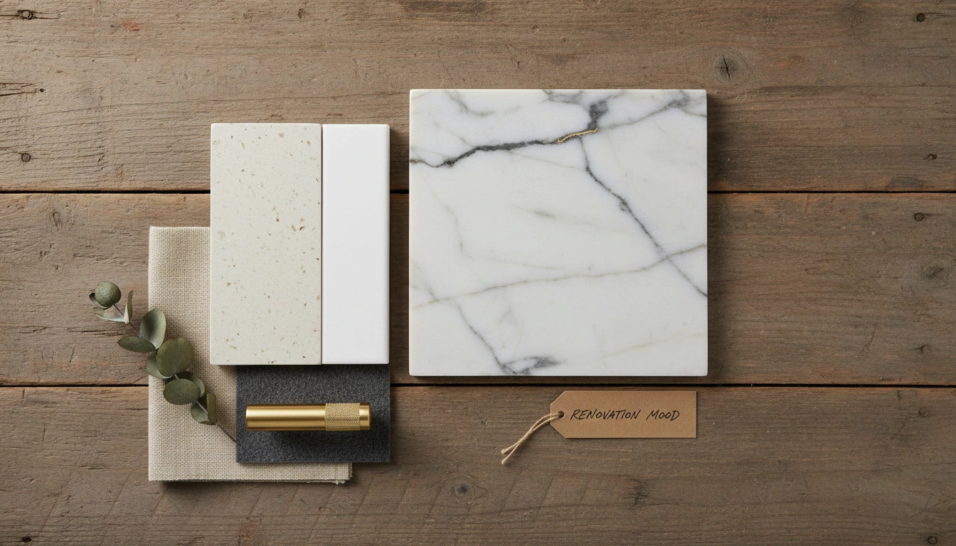 Various bathroom tile and countertop samples including marble, quartz, and ceramic, showing how material choice affects the typical bathroom remodel cost.