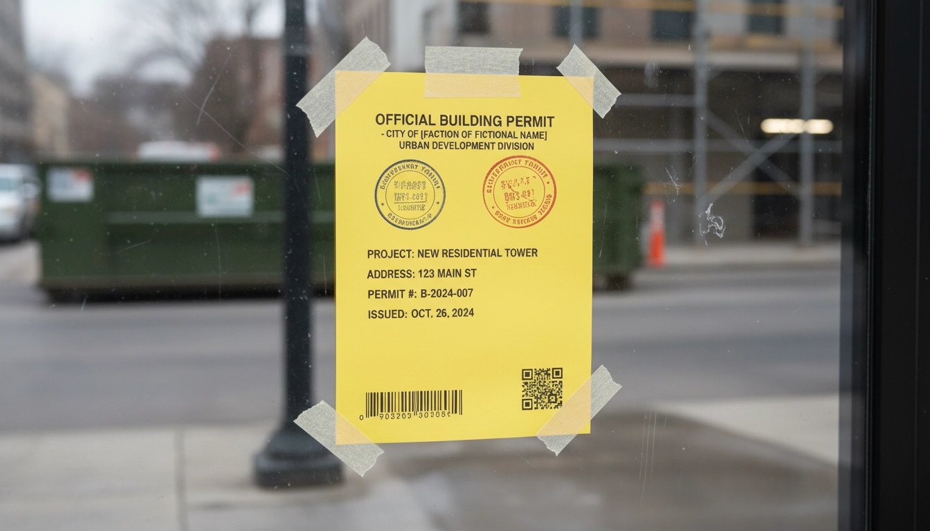 A yellow building permit notice taped to a dusty window at a home renovation site, a hidden part of the typical bathroom remodel cost.