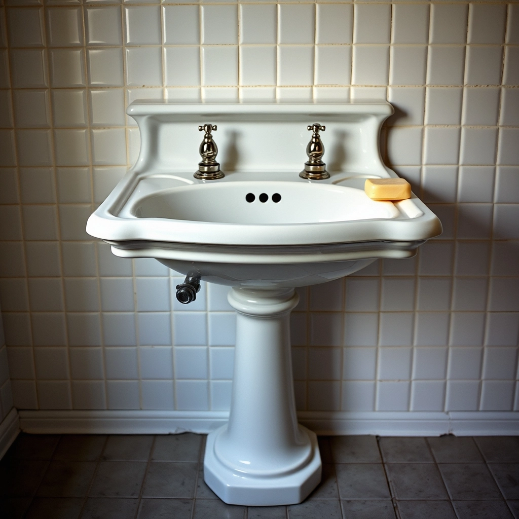 A classic Victorian pedestal basin with glazed ceramic finish and shiny metal taps.