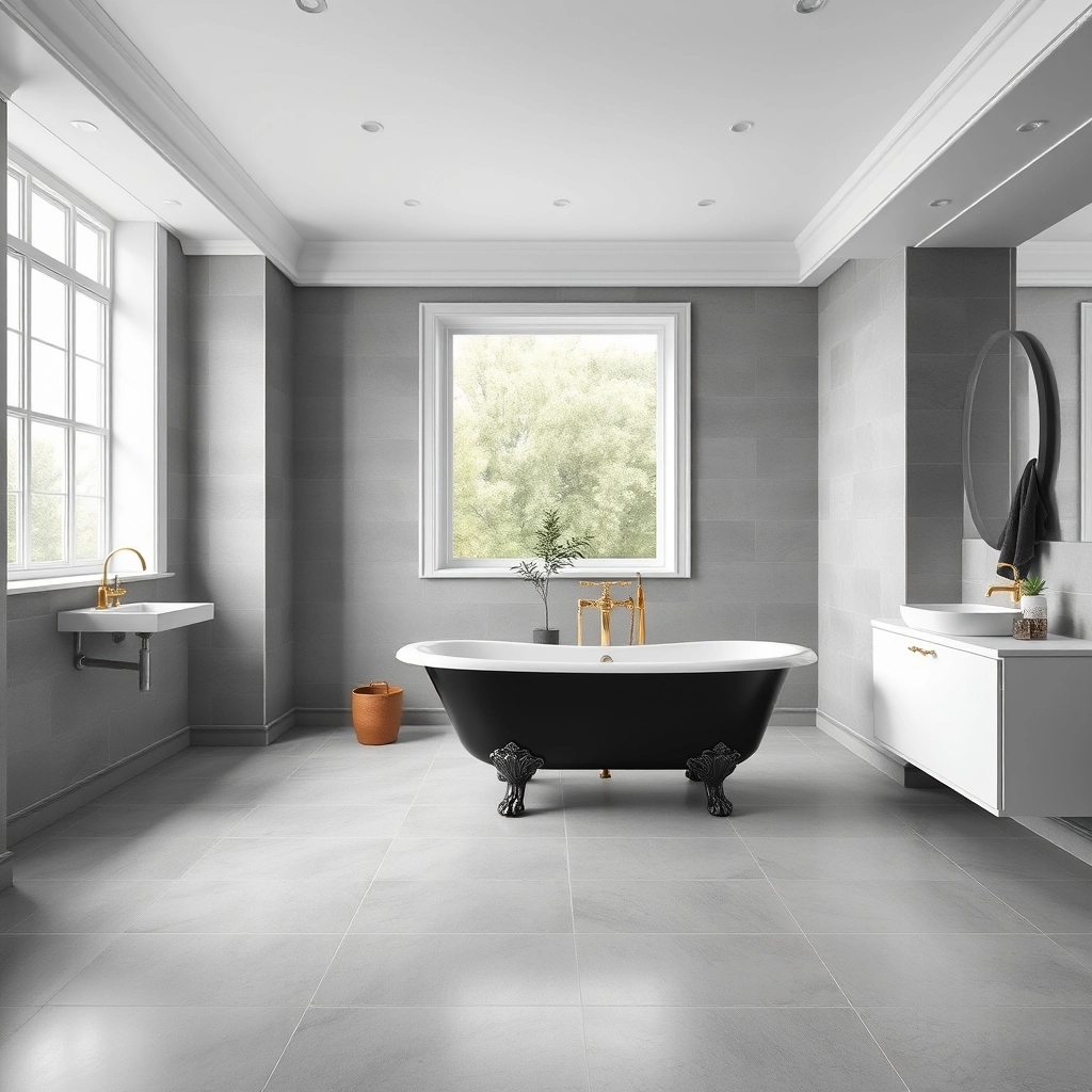 A modern, minimalist bathroom featuring a black-painted clawfoot tub as a focal point.