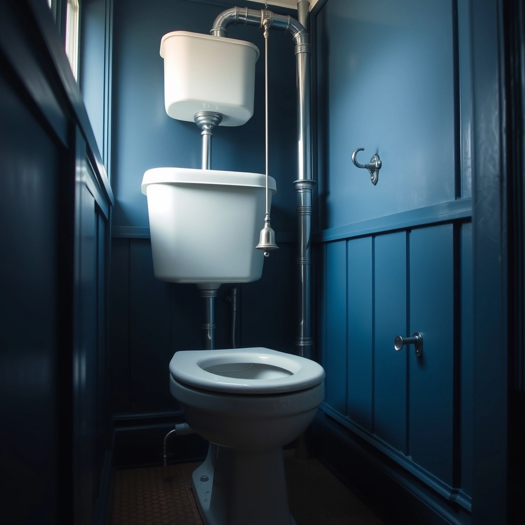 A Victorian toilet with a porcelain tank mounted high on the wall and a long pull chain.