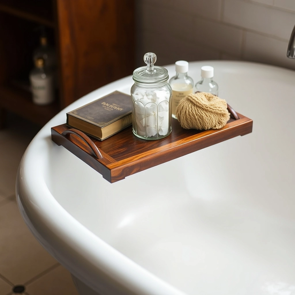 A wooden bath bridge across a tub holding a book, a sea sponge, and glass apothecary jars.