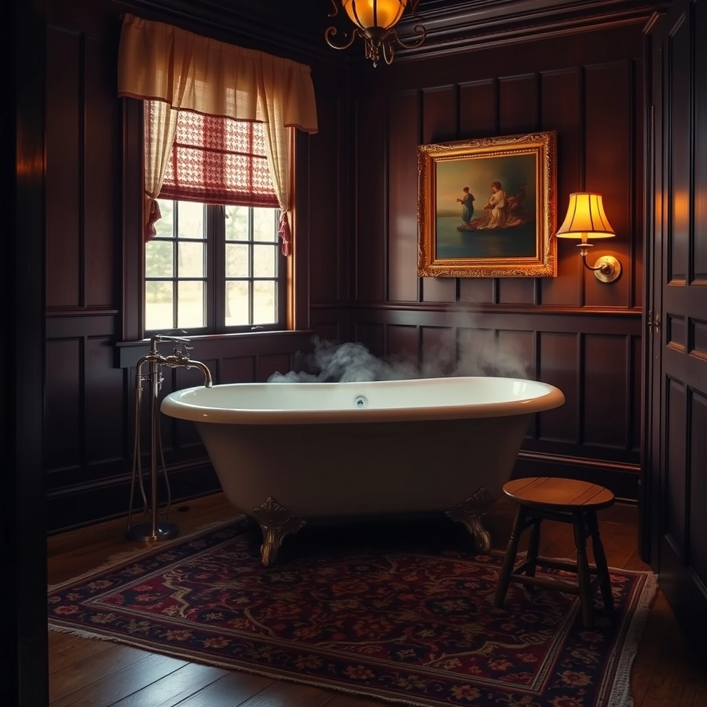 A warm, inviting Victorian bathroom with a rug, a painting on the wall, and a steaming bath.