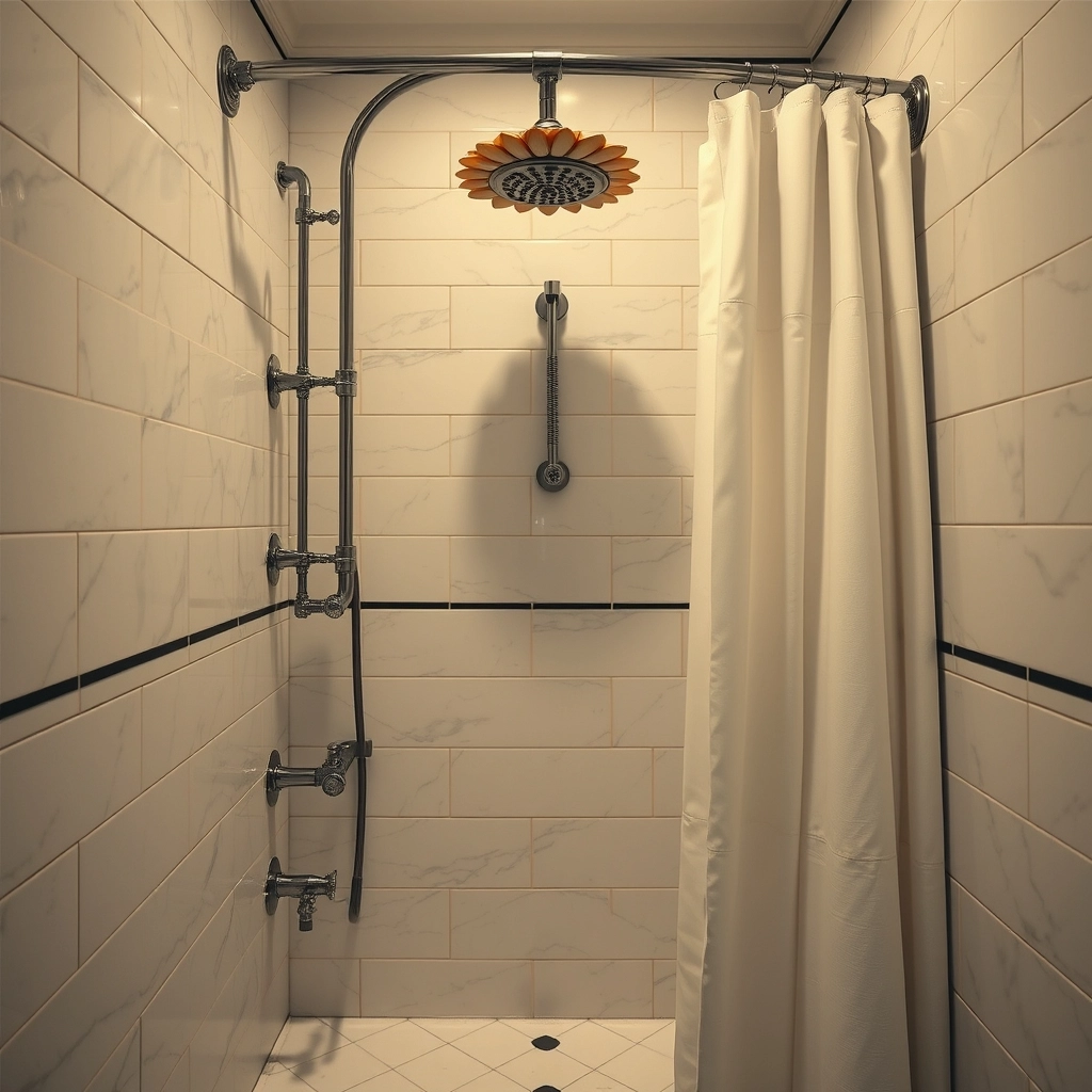An antique circular rib cage shower with multiple horizontal spray pipes and nickel plating.