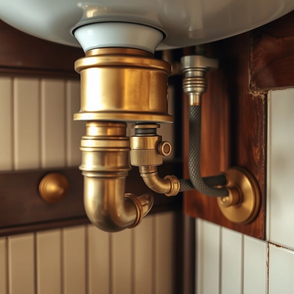 Decorative brass supply lines and a curvy trap under a Victorian sink.