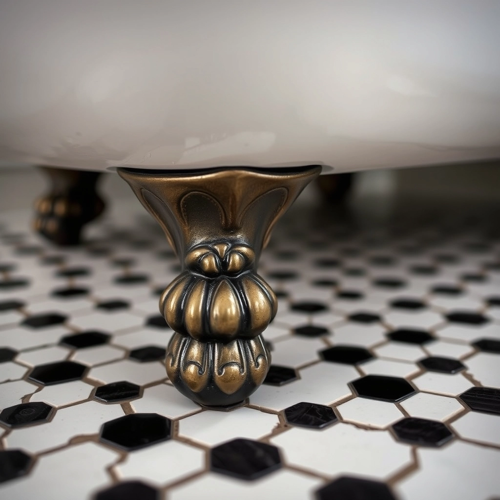 Detailed view of a lion's paw holding a ball foot on a heavy cast iron bathtub.