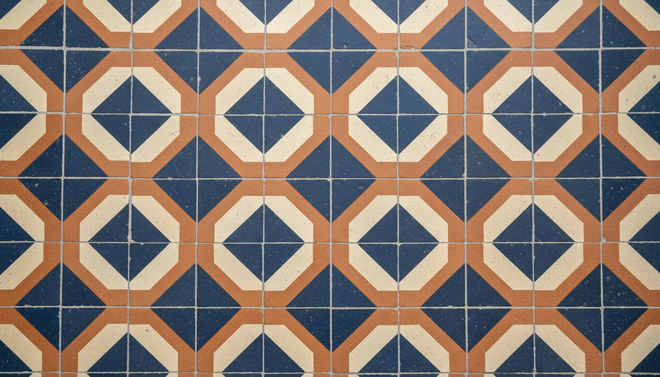 Earthy-toned encaustic clay tiles with a traditional Victorian geometric pattern.