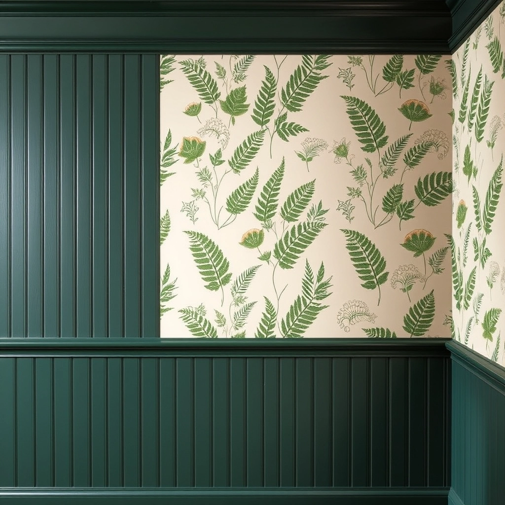Dark green wainscoting topped with a fern-patterned botanical wallpaper in a bathroom.