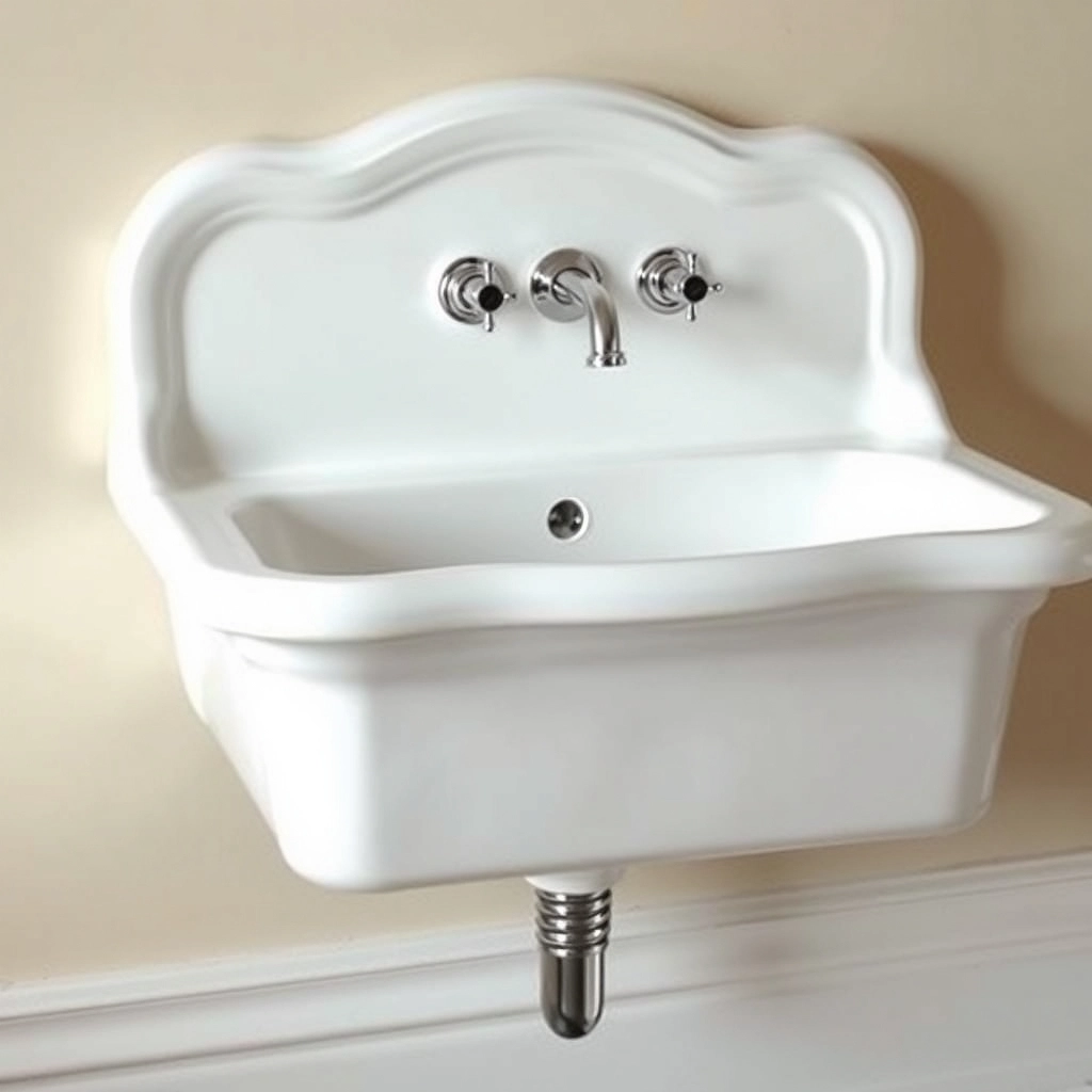 A Victorian high-back sink with wall-mounted faucets and a deep porcelain basin.