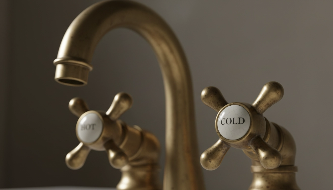 Cross-handle brass bathroom faucets showing a natural dark patina and porcelain 'HOT' and 'COLD' discs.