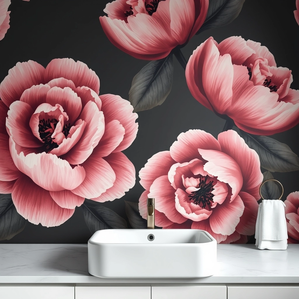 A bathroom wall covered in a large-scale dark floral wallpaper design.