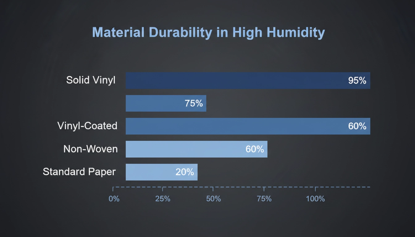 A bar chart titled "Material Durability in High Humidity" showing data for Solid Vinyl: 95.