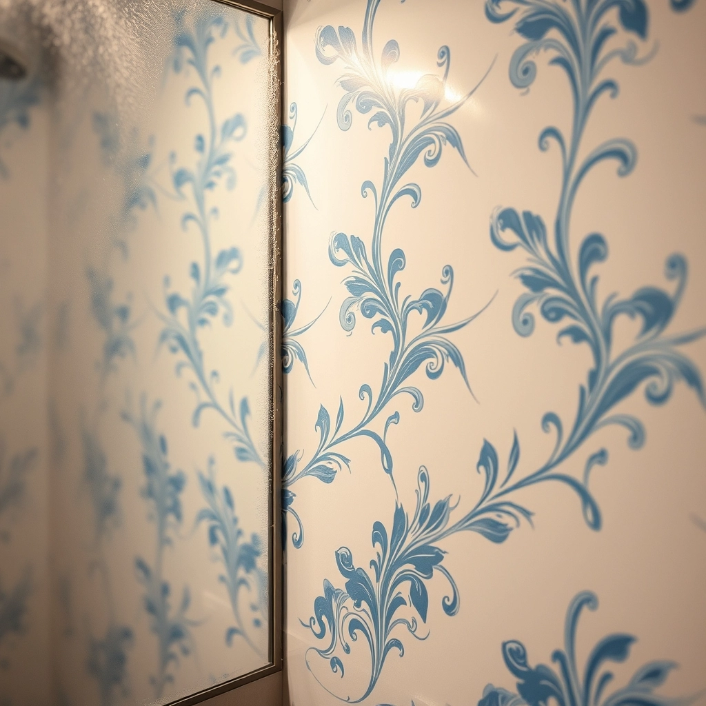 Heavy-duty vinyl wallpaper design ideas for bathrooms shown in a room with a slightly fogged mirror.