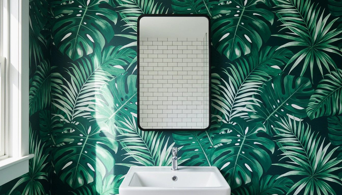 A lush green botanical wallpaper featuring large monstera leaves in a bathroom setting.
