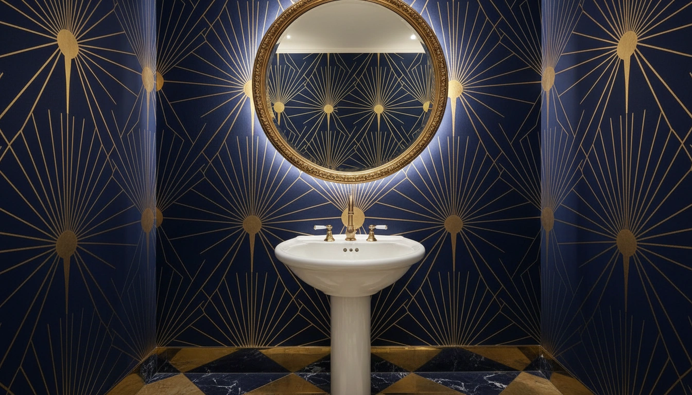 A sophisticated geometric wallpaper with gold lines and navy blue shapes in a modern bathroom.