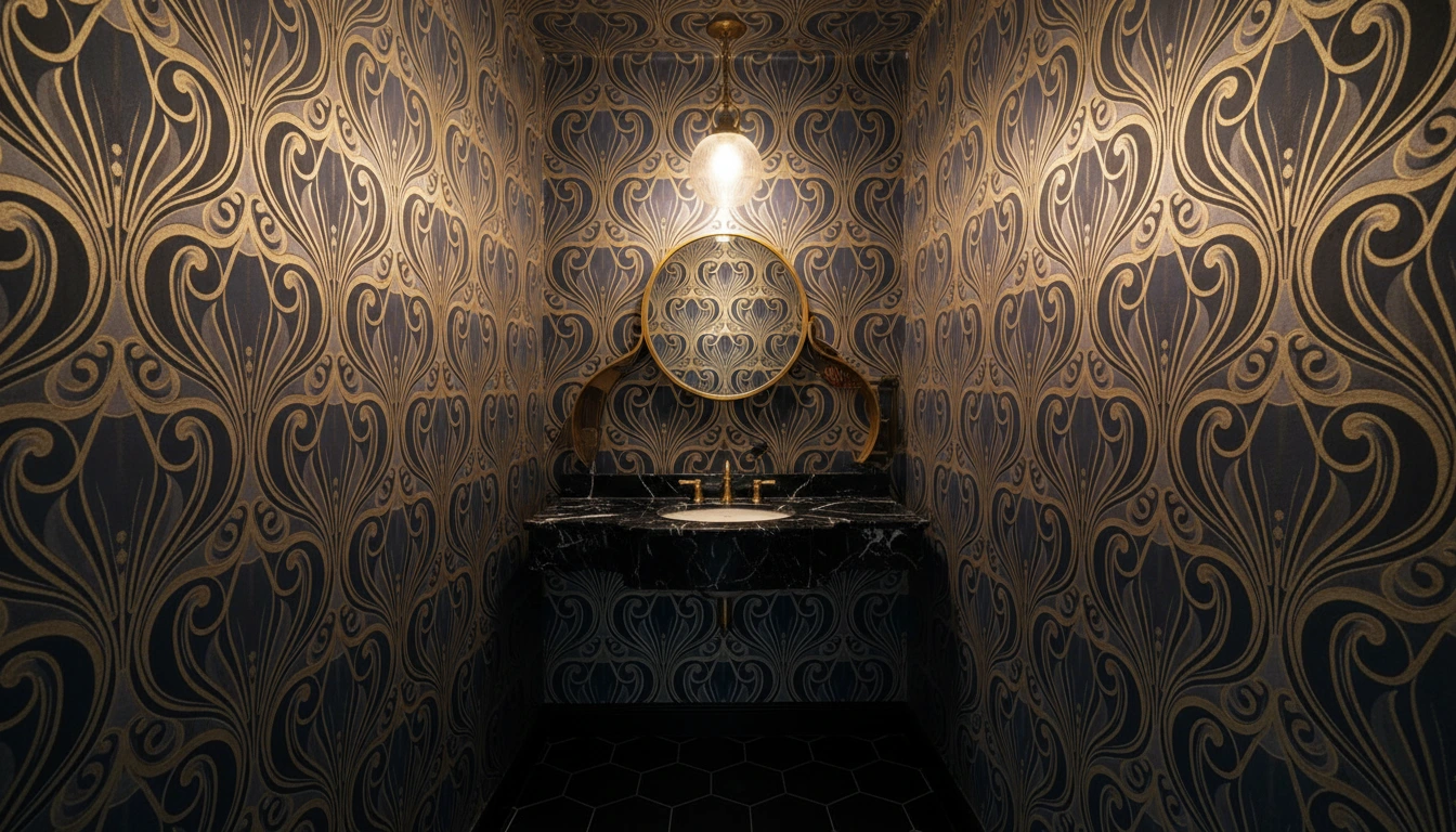 A small powder room with dark navy floral wallpaper on all walls and the ceiling.