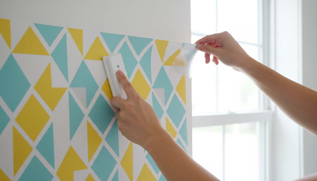 A person's hand smoothing down a piece of peel and stick wallpaper in a bathroom.