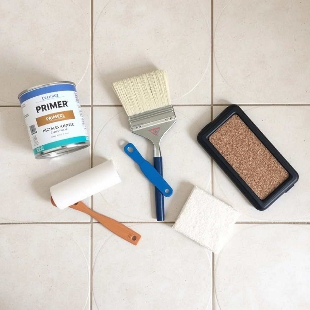 Essential tools for installing wallpaper in damp areas, including primer and a seam roller.