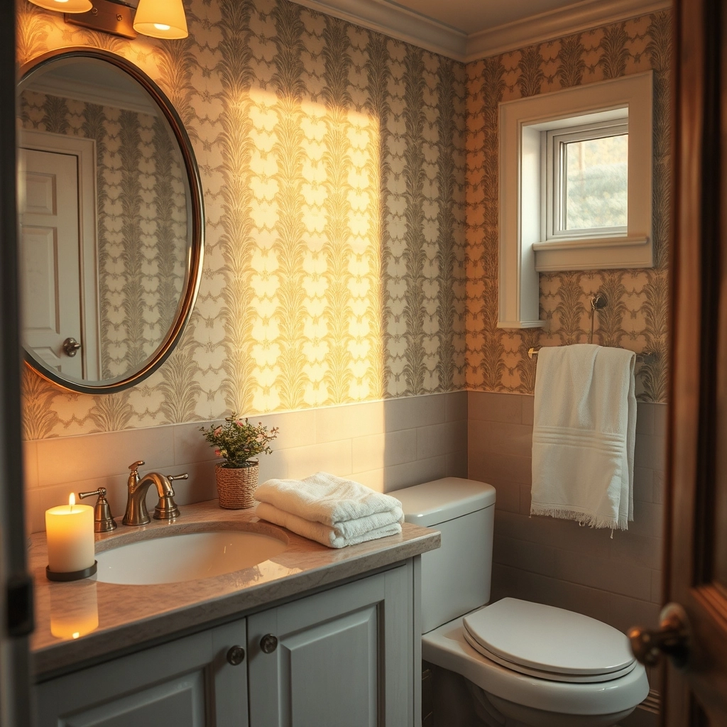 A cozy, finished bathroom that uses wallpaper design ideas for bathrooms to create a warm, personalized space.