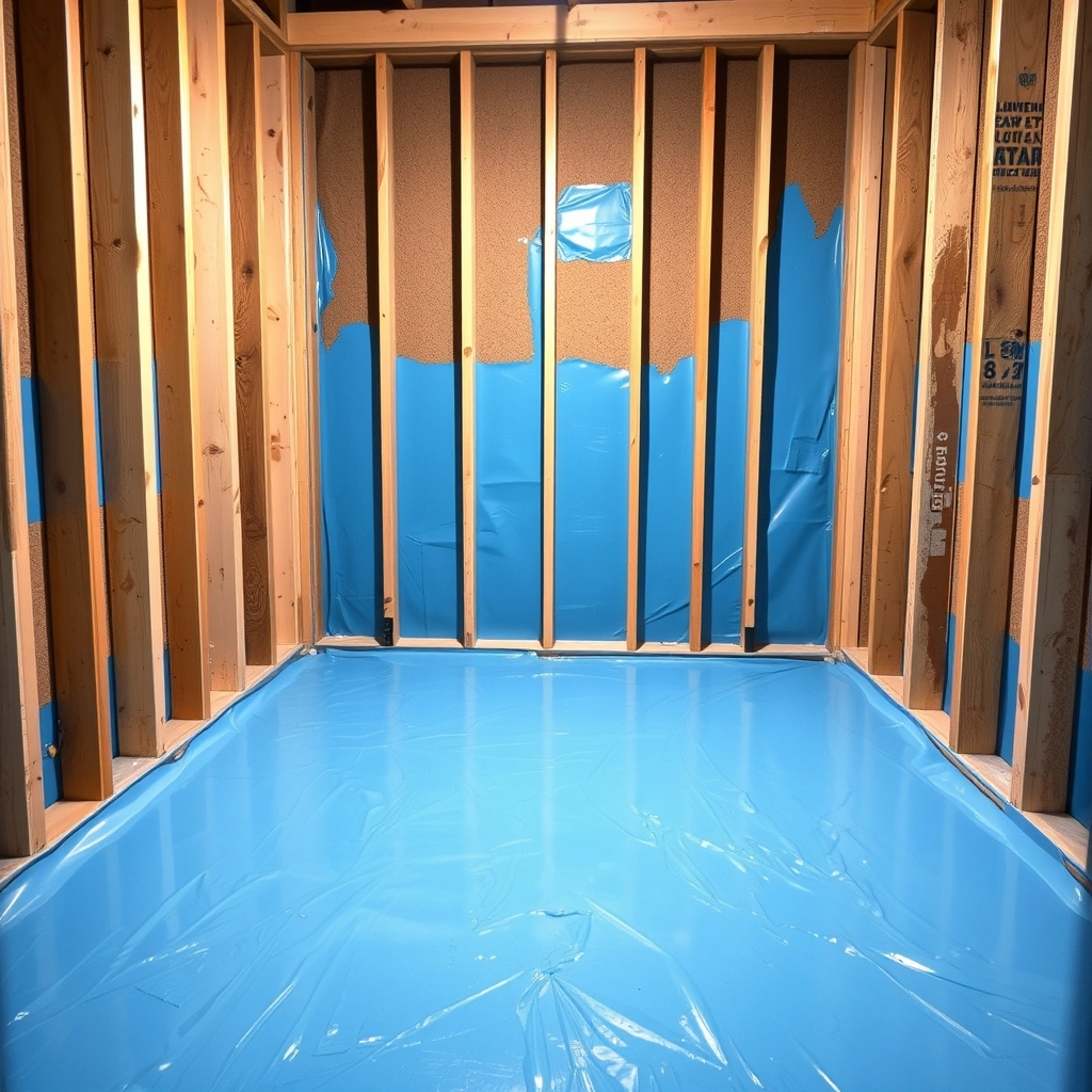A bathroom mid-renovation with blue waterproof tanking membrane applied to the walls and floor for a wet room bathroom design.