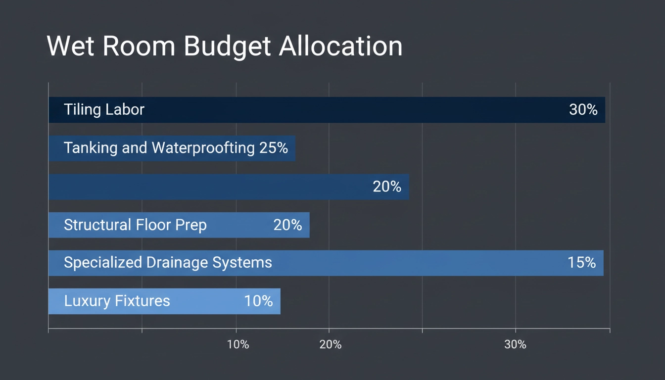 A pie chart titled "Wet Room Budget Allocation" showing data for Tanking and Waterproofing 25%.