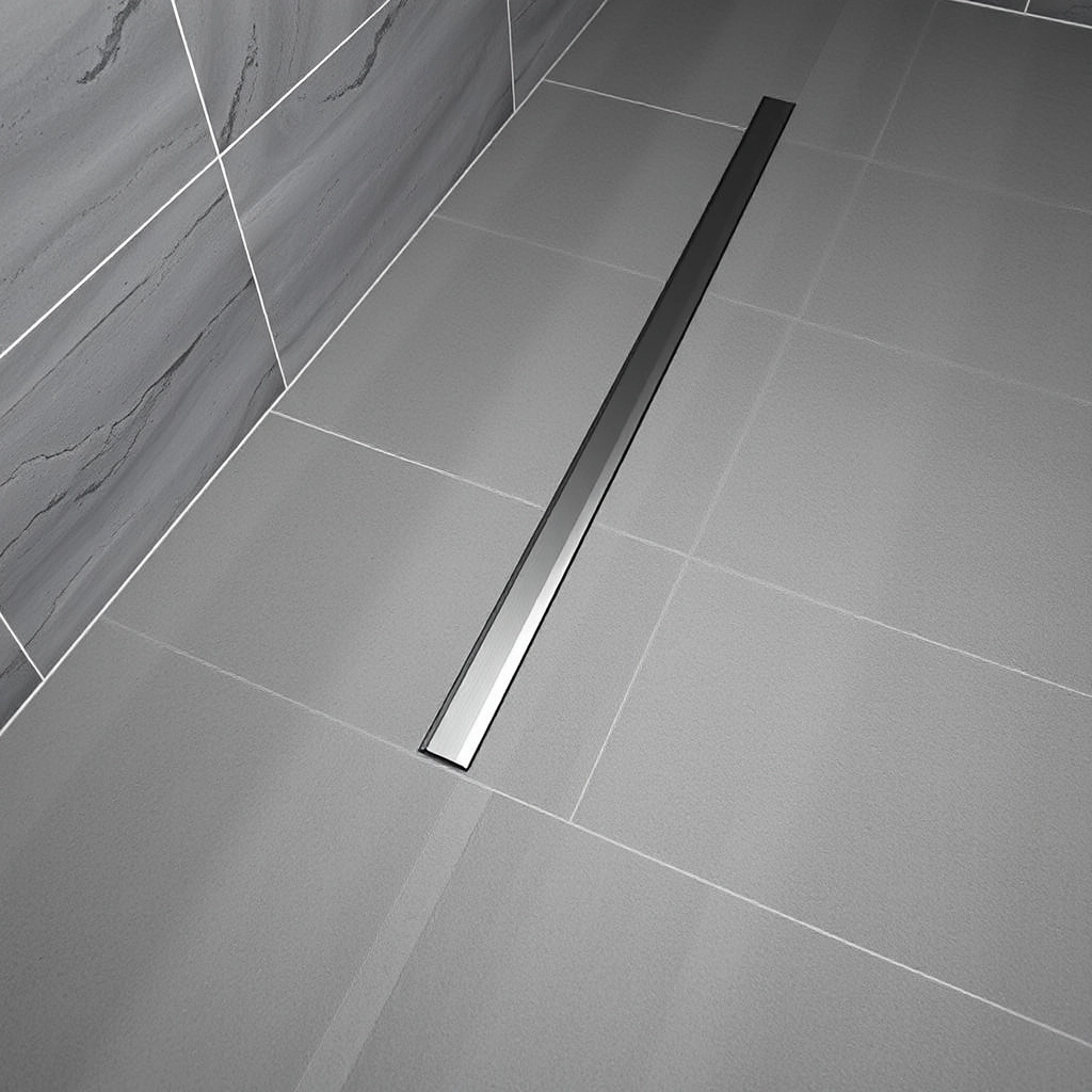 A sleek stainless steel linear drain installed against a wall in a modern wet room bathroom design.