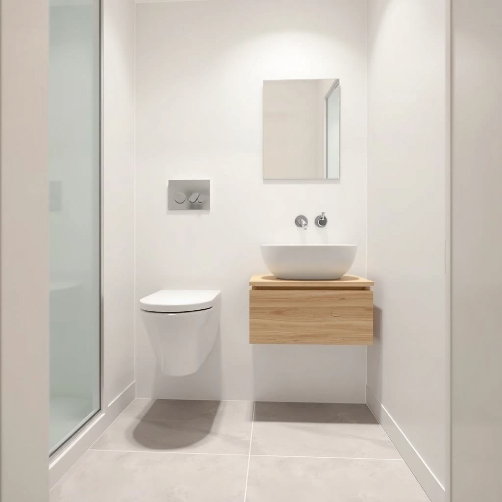 A compact small wet room bathroom design featuring a floating vanity and wall-mounted toilet to maximize floor space.