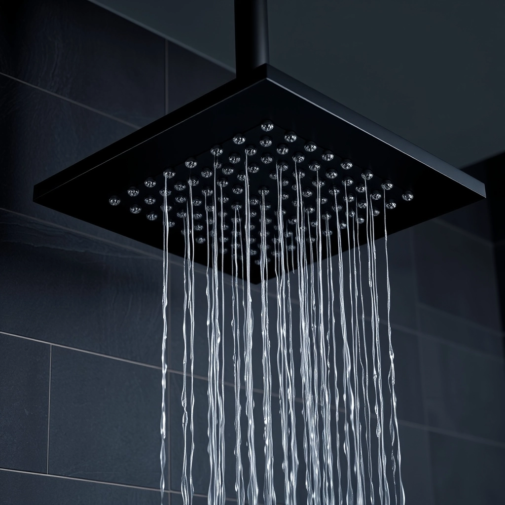 A ceiling-mounted rain shower head in a luxury wet room bathroom design with slate-effect porcelain tiles.