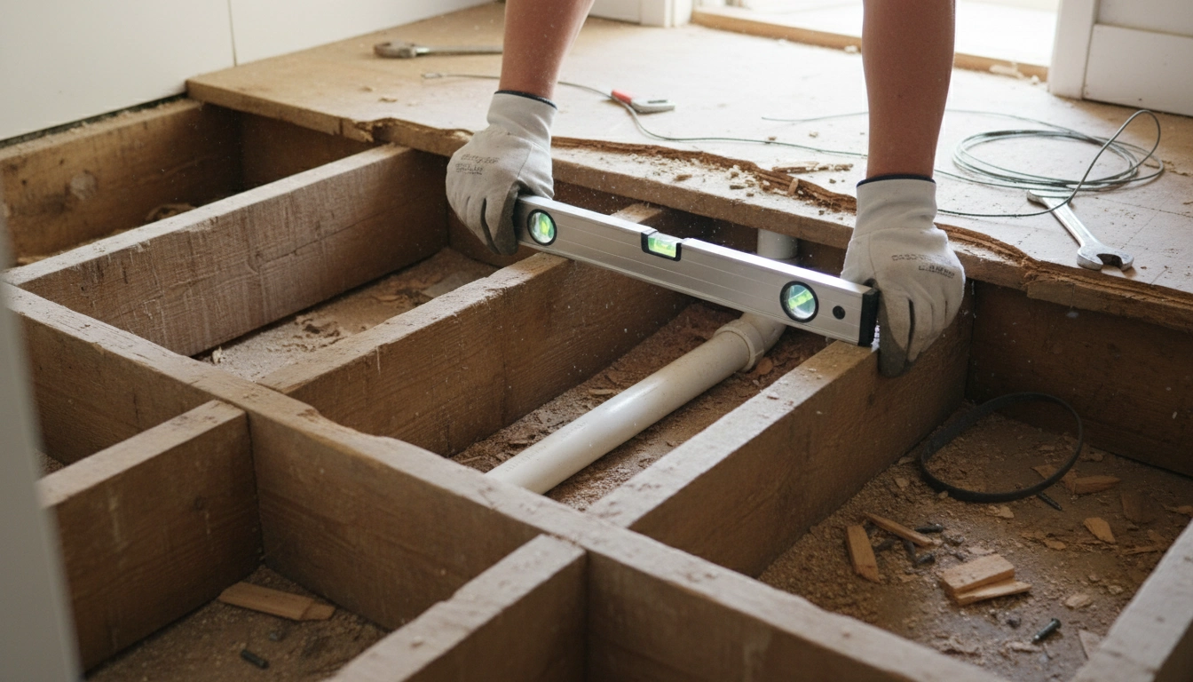 Professional plumbing and floor joist adjustment for a wet room bathroom design installation.