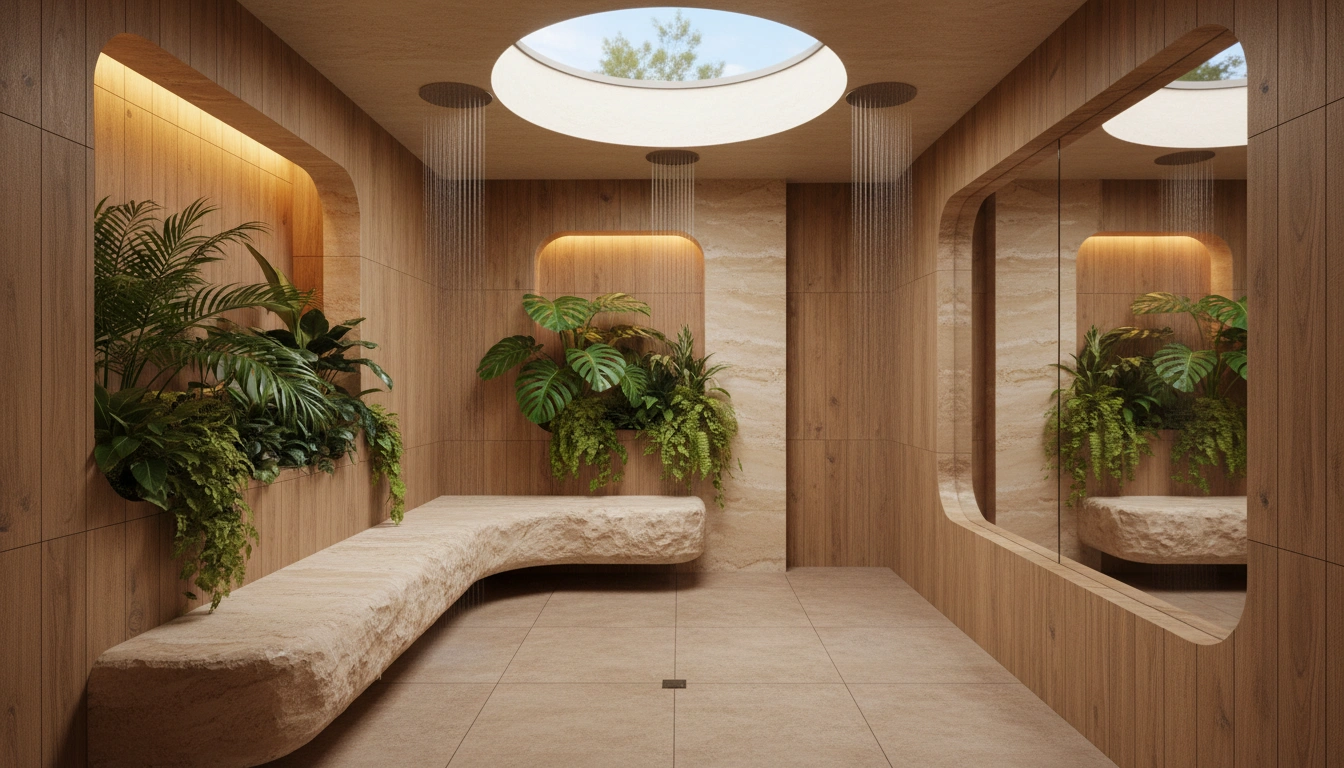 A futuristic wet room bathroom design featuring wood-look tiles, indoor plants, and a floating stone bench.
