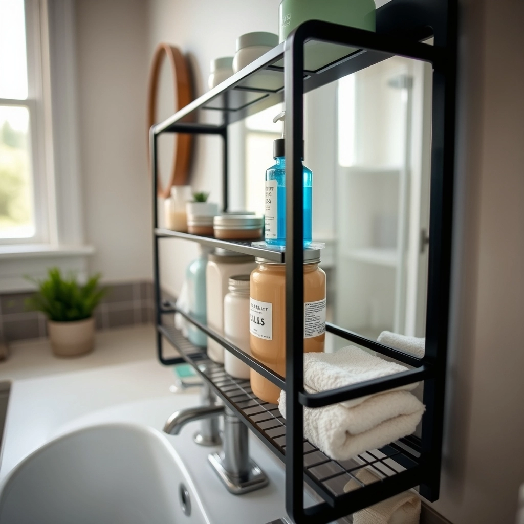A two-tiered metal shelf acting as a bathroom counter organizer, holding various toiletries to save space.