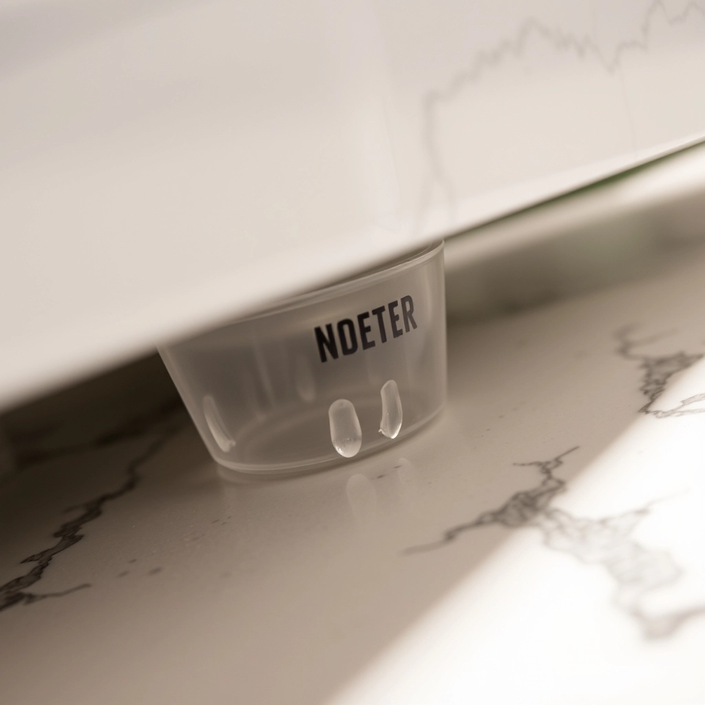 A bathroom counter organizer with rubber feet lifting bottles off a granite surface to prevent water rings.