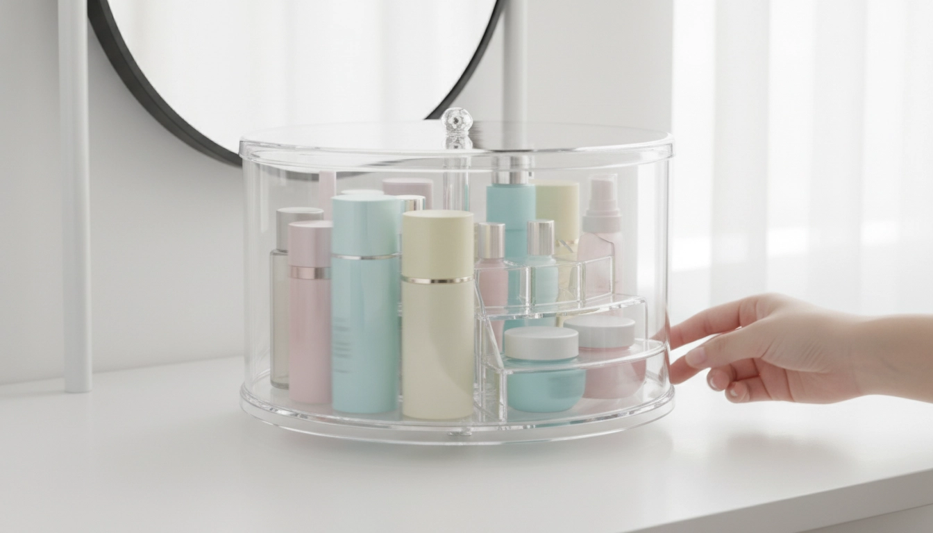 A rotating acrylic bathroom counter organizer filled with skincare bottles and perfumes.