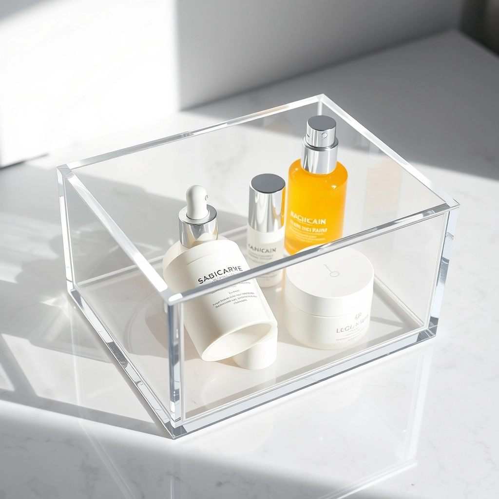 A high-quality clear acrylic bathroom counter organizer that is waterproof and easy to clean.