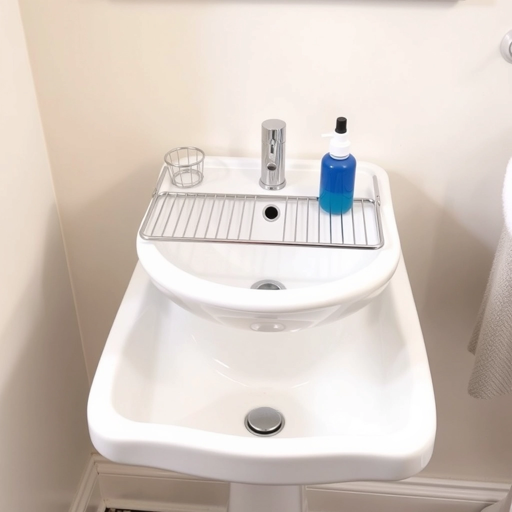 A small shelf installed over a bathroom faucet to hold a bathroom counter organizer for toothbrushes and soap.